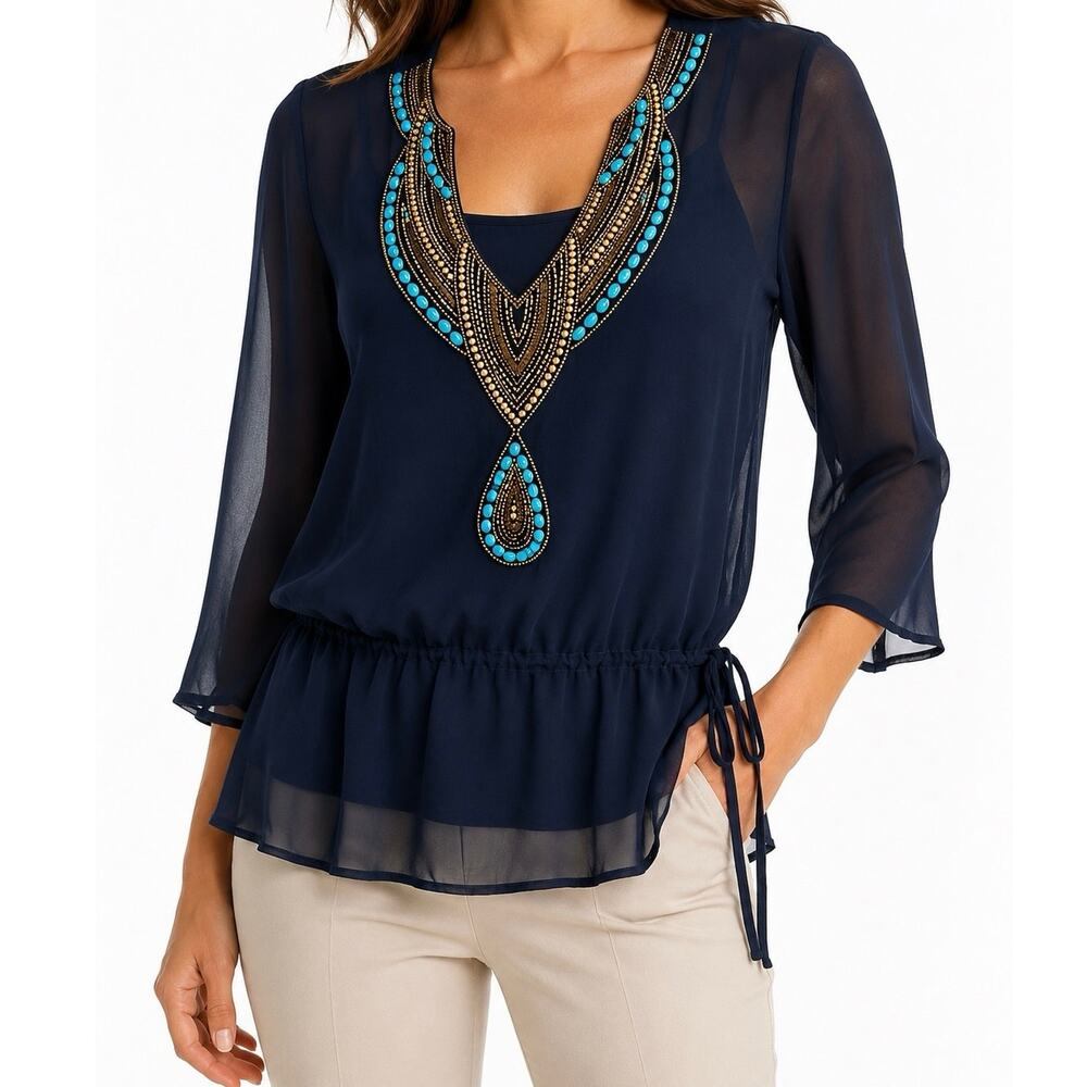 La Bellum by Hillary Scott XS Navy Blue Beaded Tropical Beach Cover Up Shirt Top